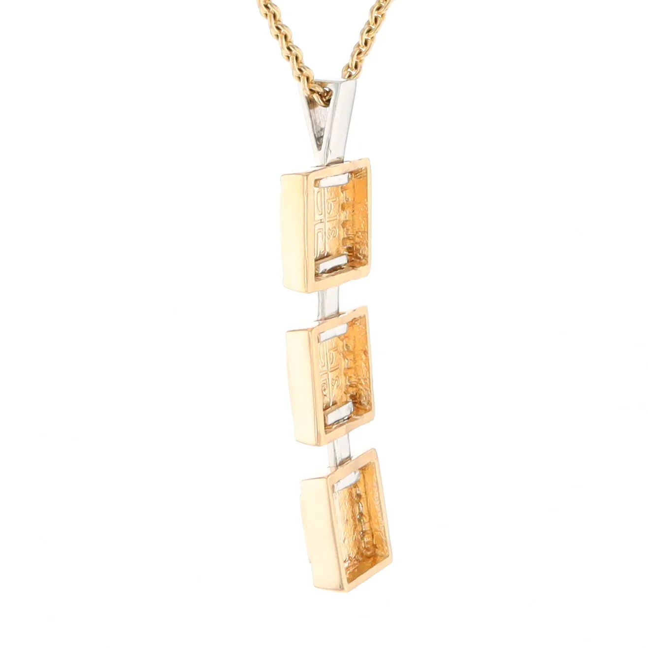 Gold Quartz Necklace, 3 Squared Inlaid Design, .42ctw Diamond Halo Drop Pendant