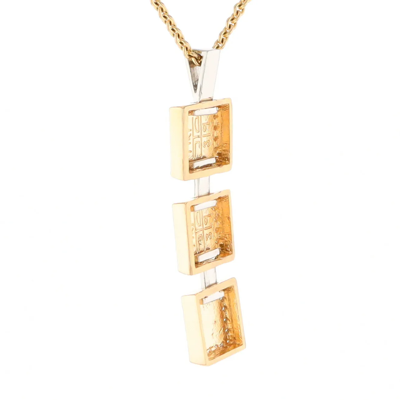 Gold Quartz Necklace, 3 Squared Inlaid Design, .42ctw Diamond Halo Drop Pendant