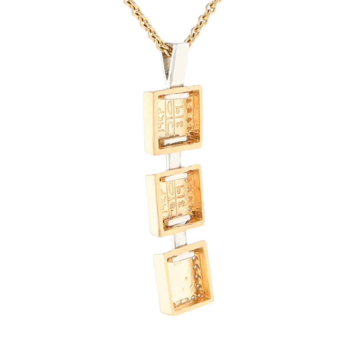 Gold Quartz Necklace, 3 Squared Inlaid Design, .42ctw Diamond Halo Drop Pendant