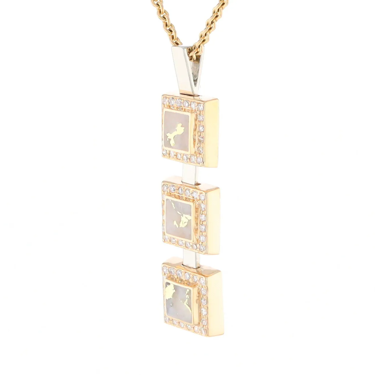 Gold Quartz Necklace, 3 Squared Inlaid Design, .42ctw Diamond Halo Drop Pendant