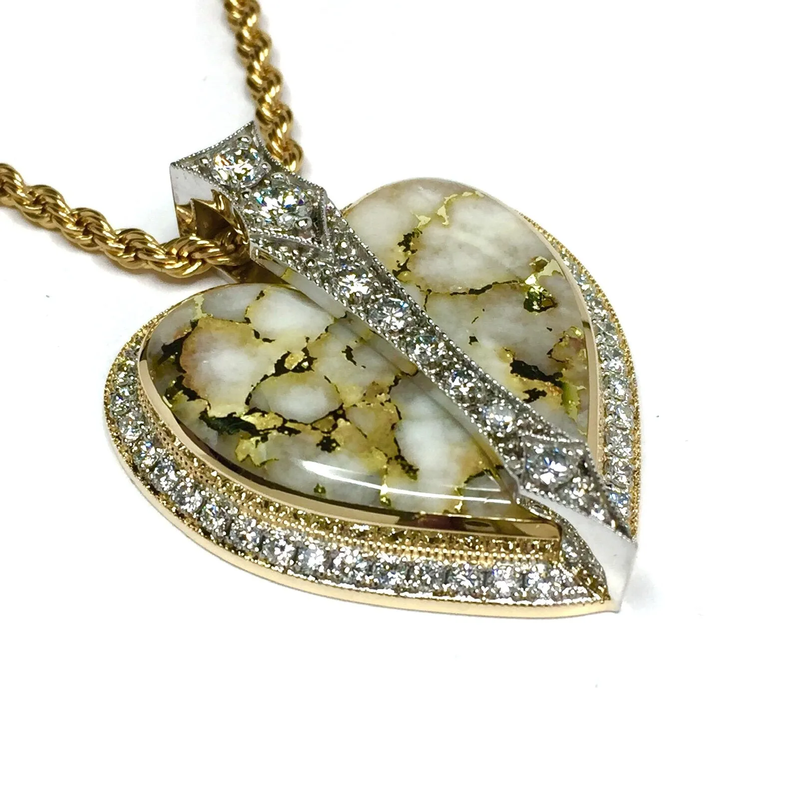 Gold Quartz Necklace Cupid's Revenge 2.10ctw Diamonds Heart Pendant