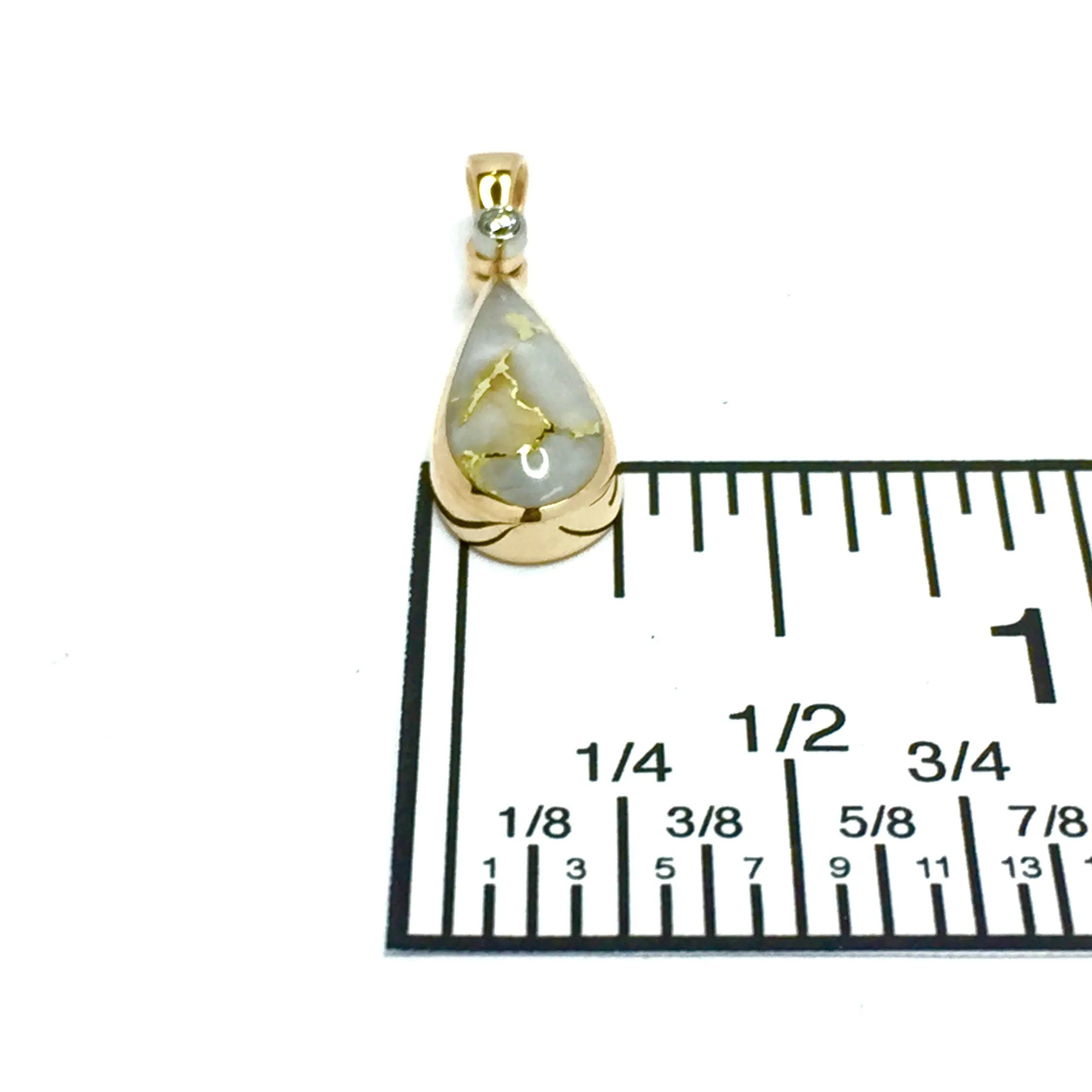 Gold Quartz Necklace Tear Drop Inlaid Pendant with .02ct Diamond