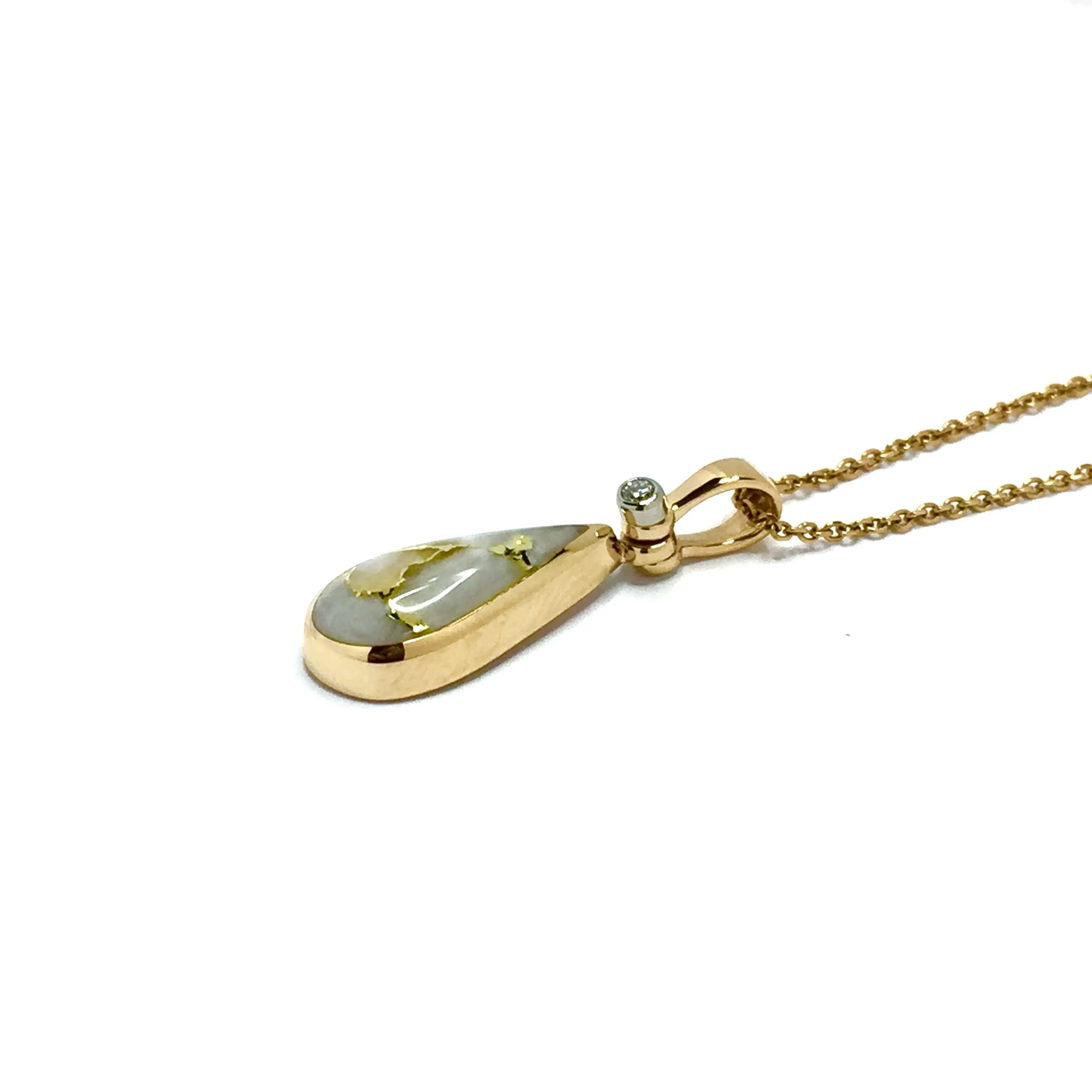 Gold Quartz Necklace Tear Drop Inlaid Pendant with .02ct Diamond