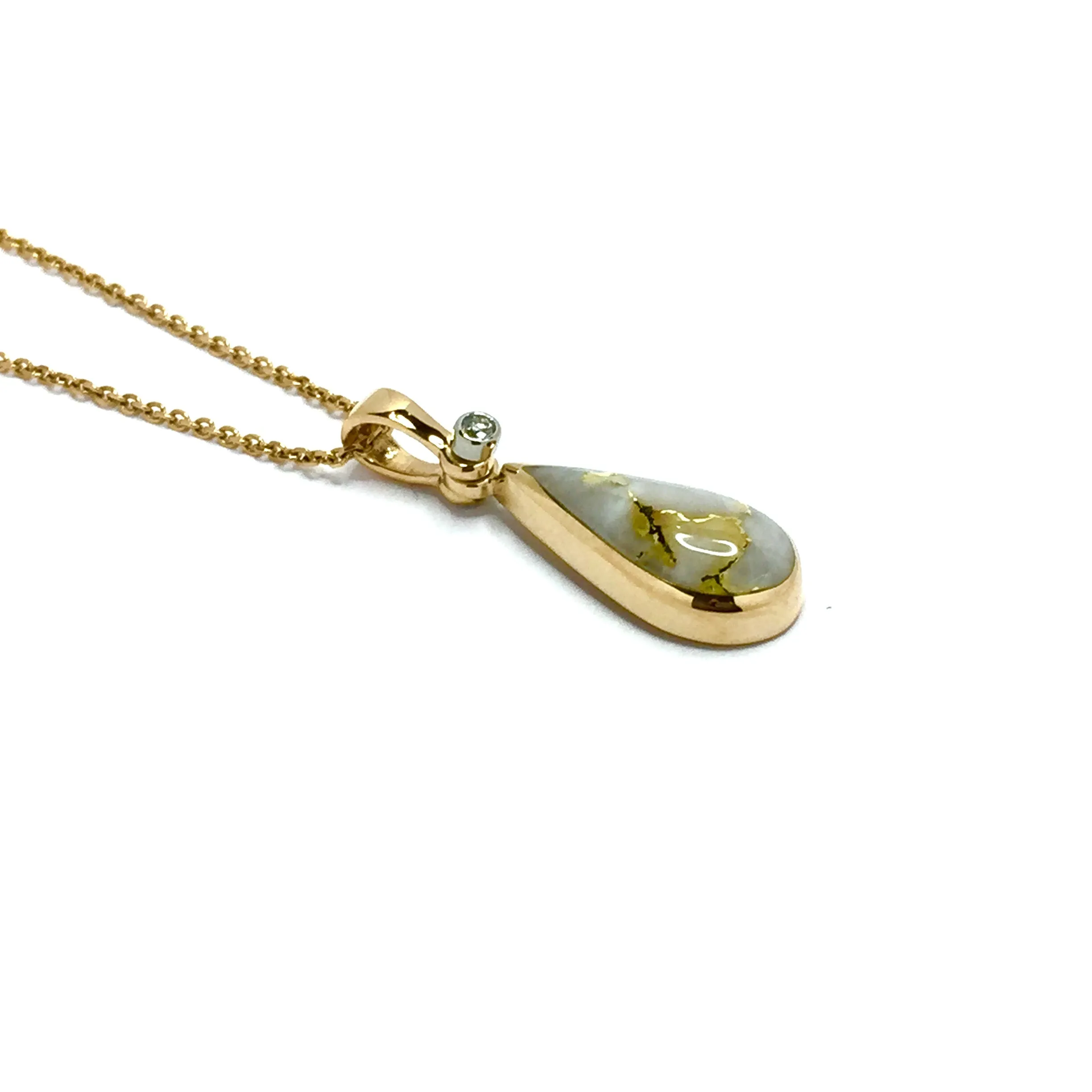 Gold Quartz Necklace Tear Drop Inlaid Pendant with .02ct Diamond