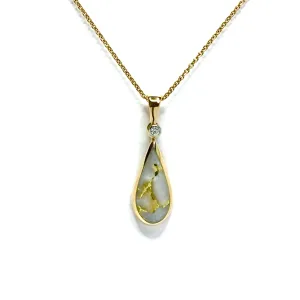 Gold Quartz Necklace Tear Drop Inlaid Pendant with .02ct Diamond