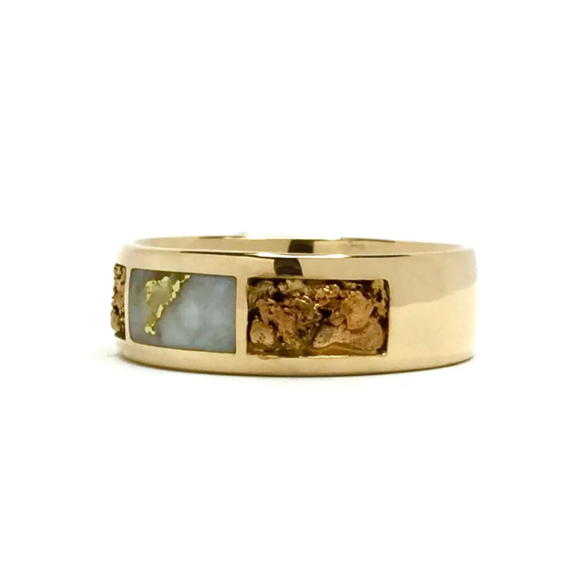 Gold Quartz Ring Rectangle Inlaid Center with Natural Nugget Sides