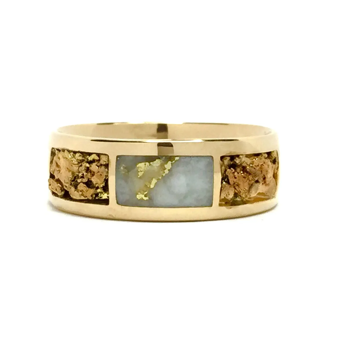 Gold Quartz Ring Rectangle Inlaid Center with Natural Nugget Sides