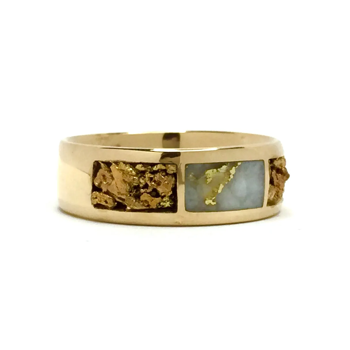 Gold Quartz Ring Rectangle Inlaid Center with Natural Nugget Sides