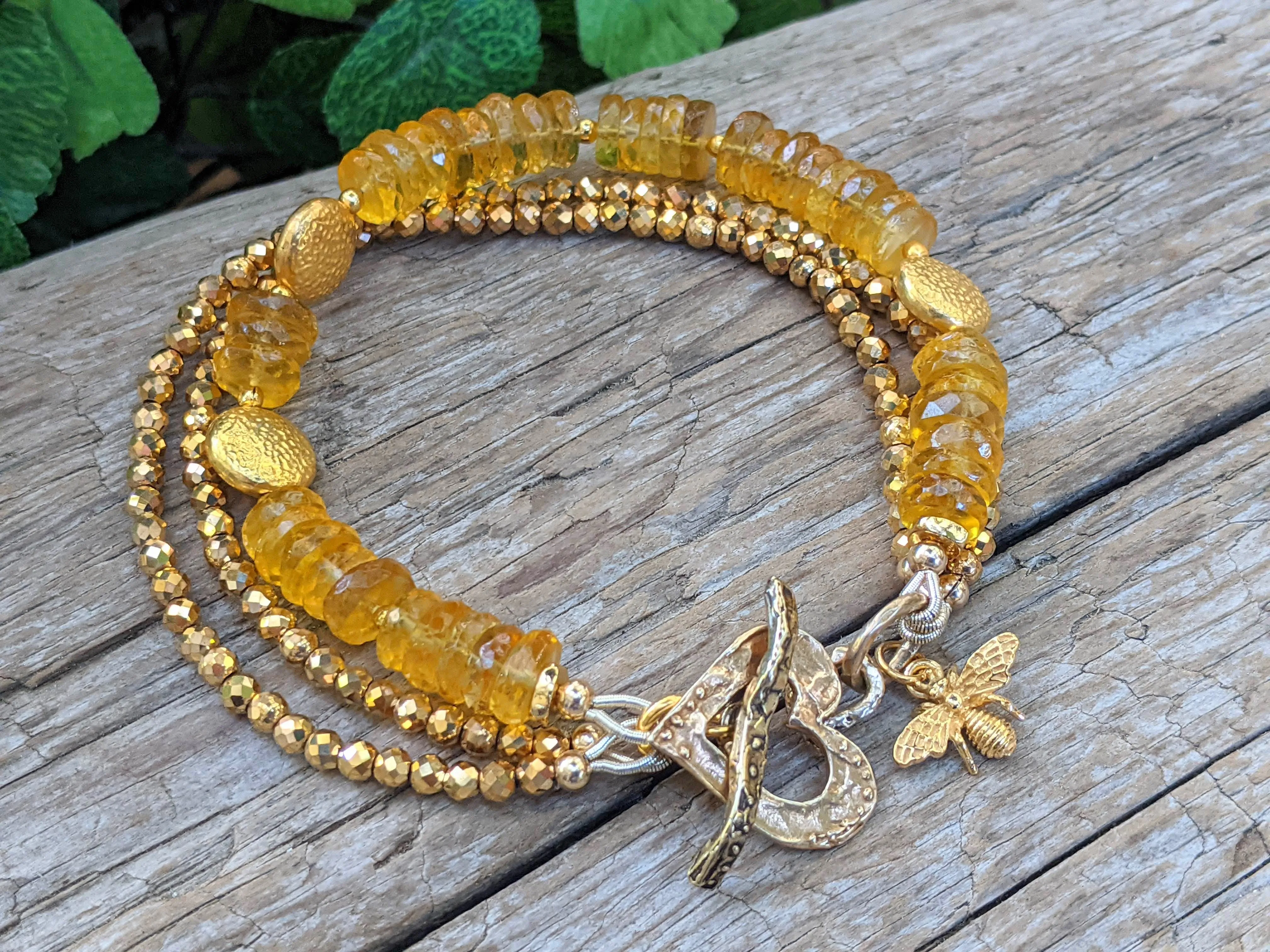 Golden Citrine & 24 kt filled Hematite Honey Bee Bracelet