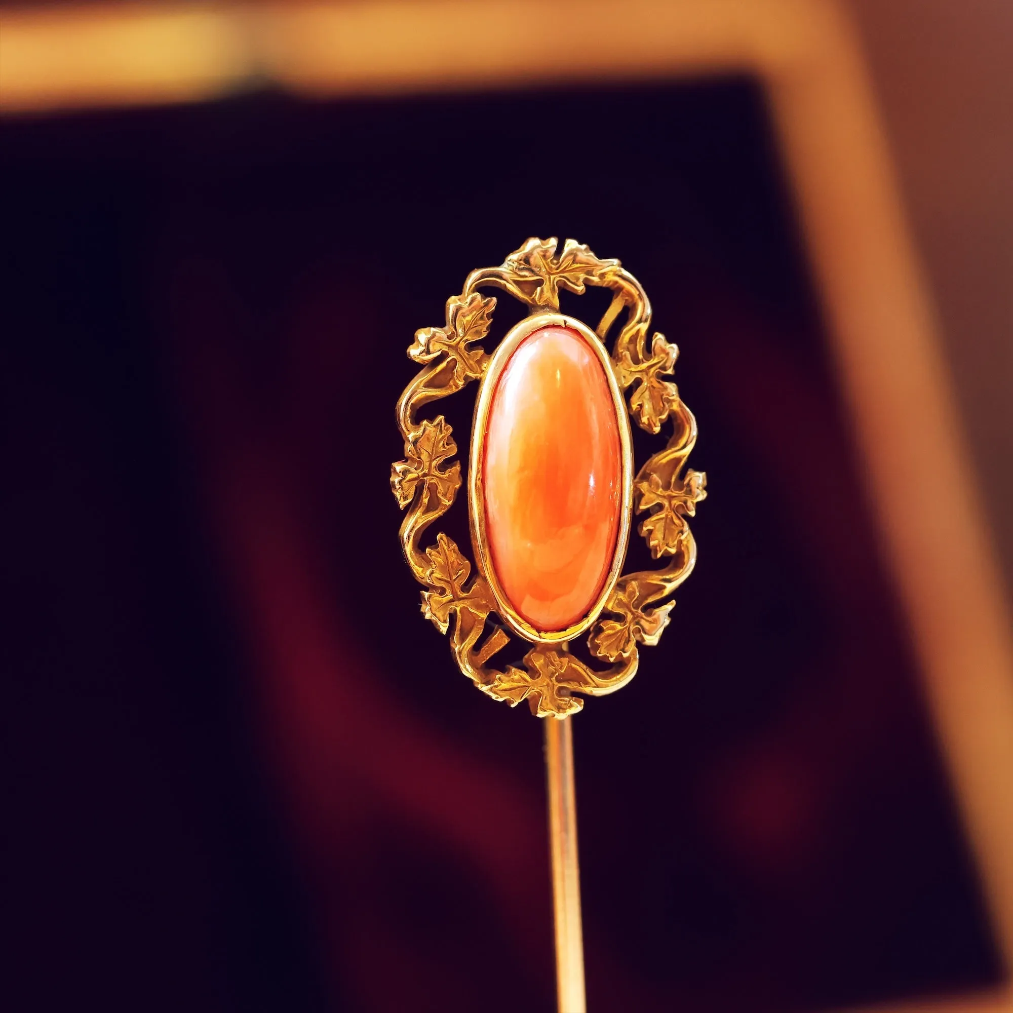 Gorgeous Antique Floriate Coral & Gold Stick Pin