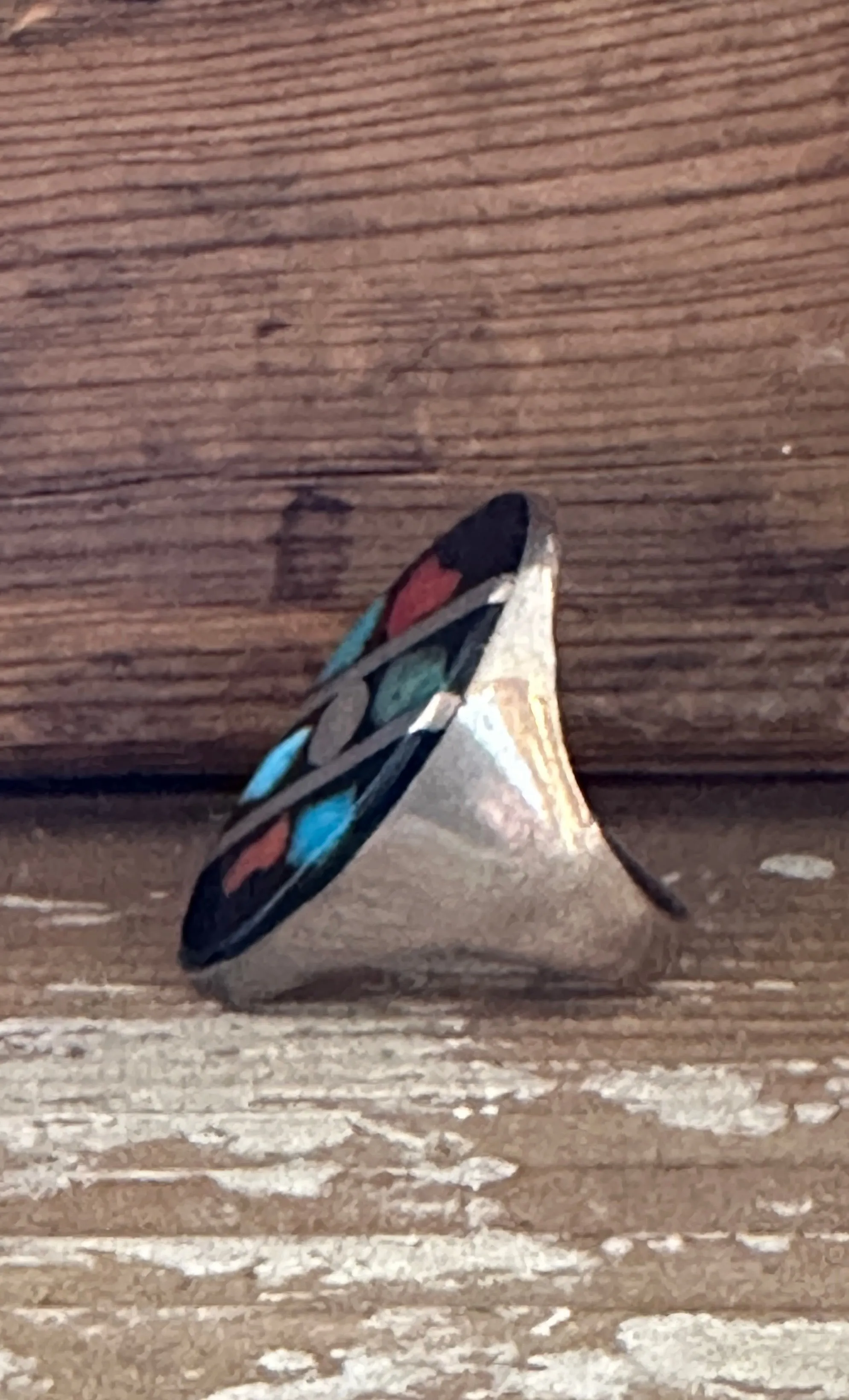 GRAPHIC SHAPES 70s Native American  Silver Multi-Stone Inlay Ring • Size 10