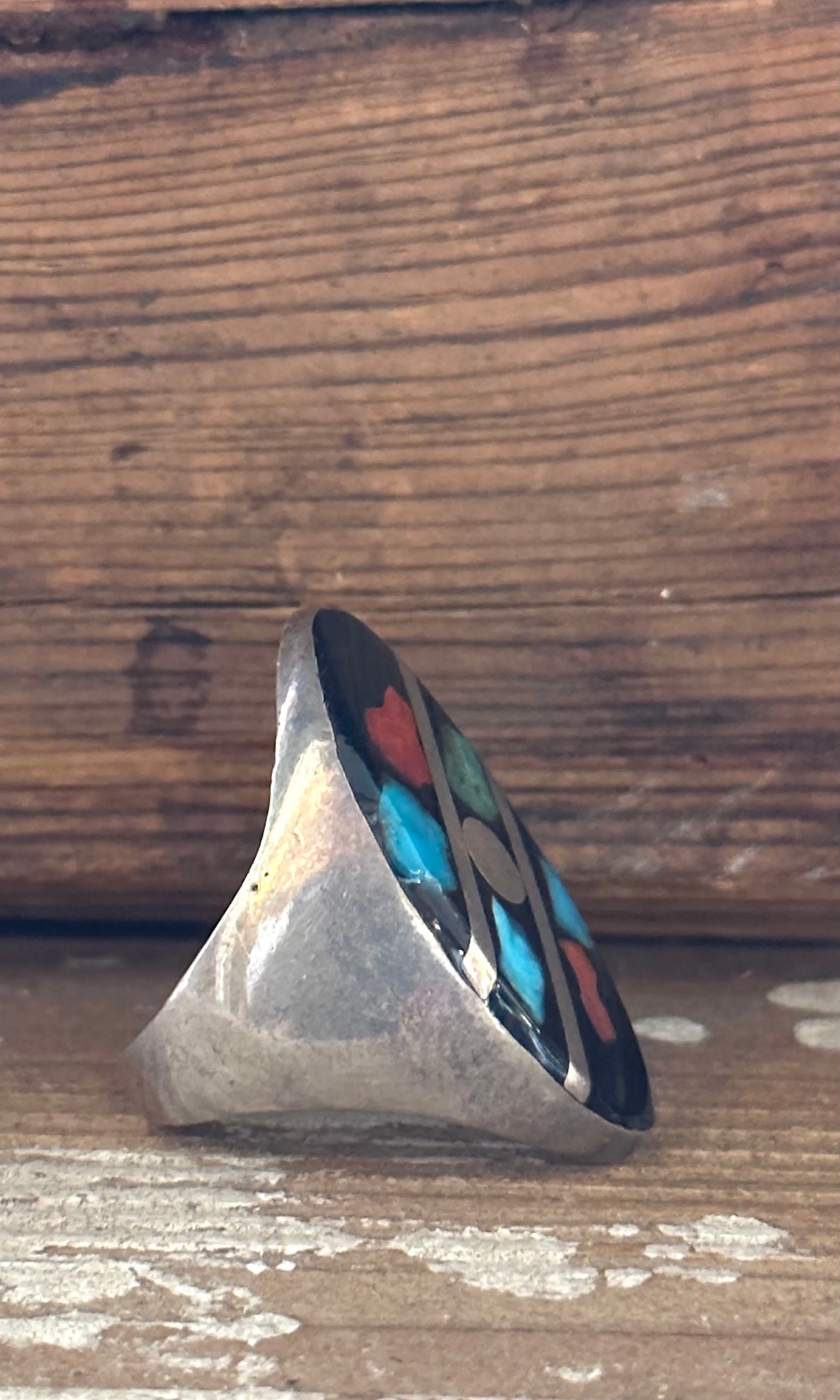 GRAPHIC SHAPES 70s Native American  Silver Multi-Stone Inlay Ring • Size 10