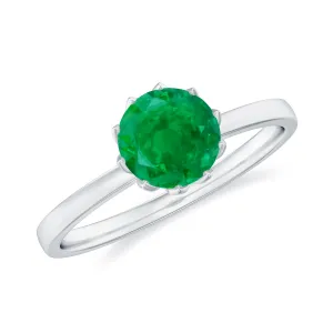 Green Emerald Solitaire Ring in Lotus Basket Setting