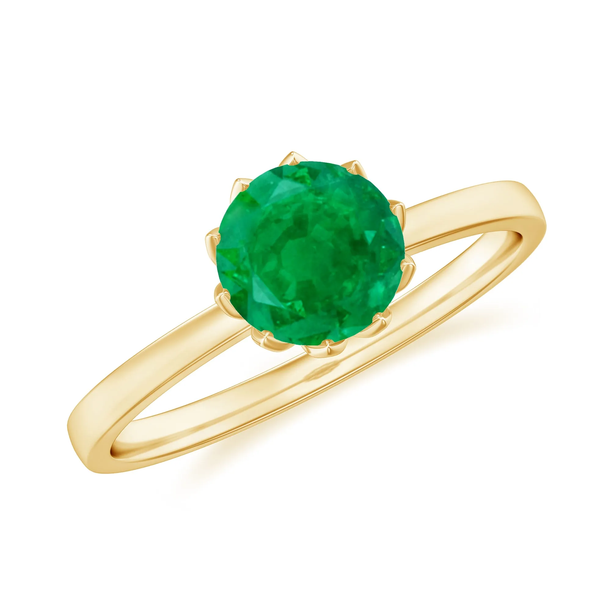 Green Emerald Solitaire Ring in Lotus Basket Setting