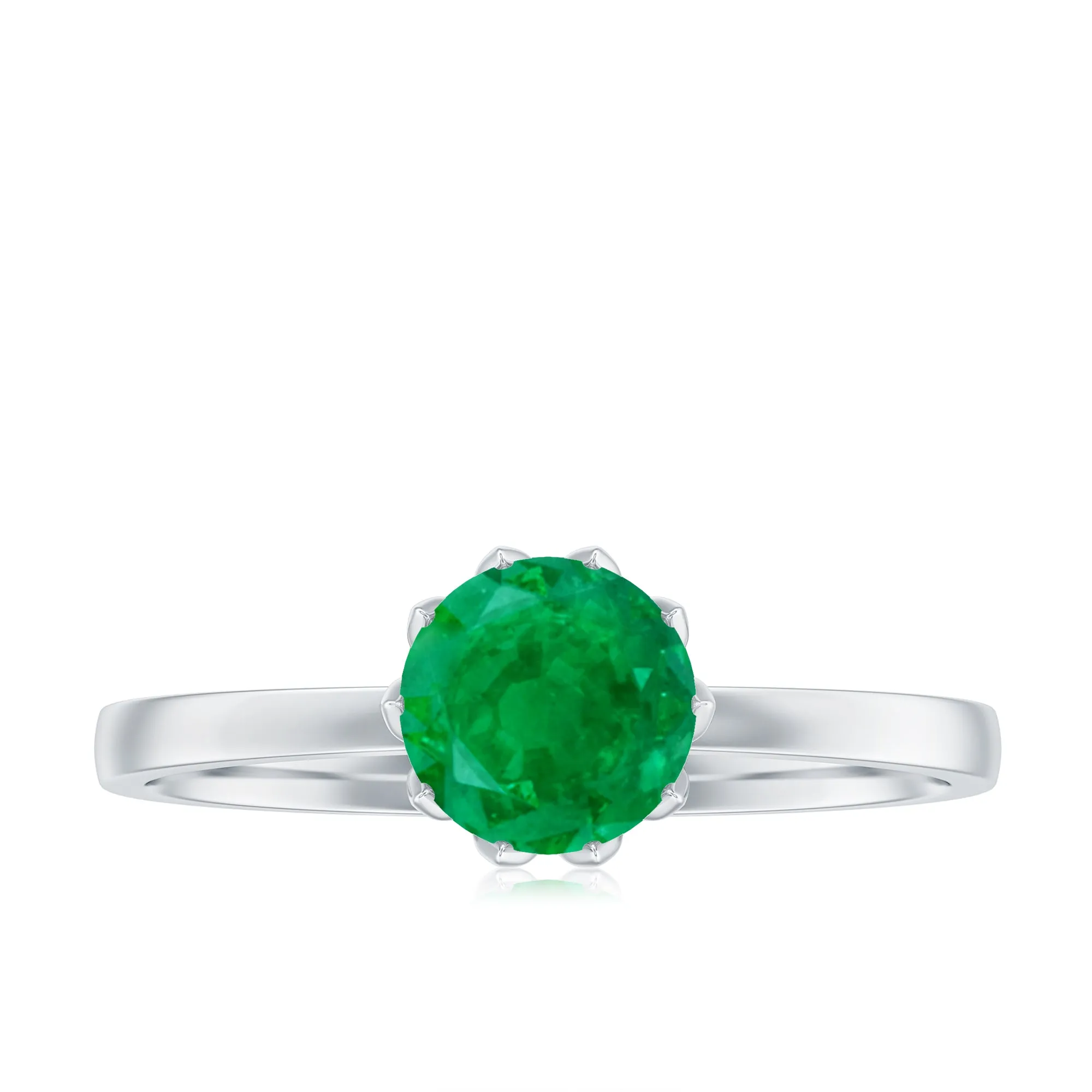 Green Emerald Solitaire Ring in Lotus Basket Setting