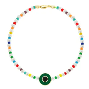 Green Enameled Evil Eye Disk Beaded Bracelet with Clasp