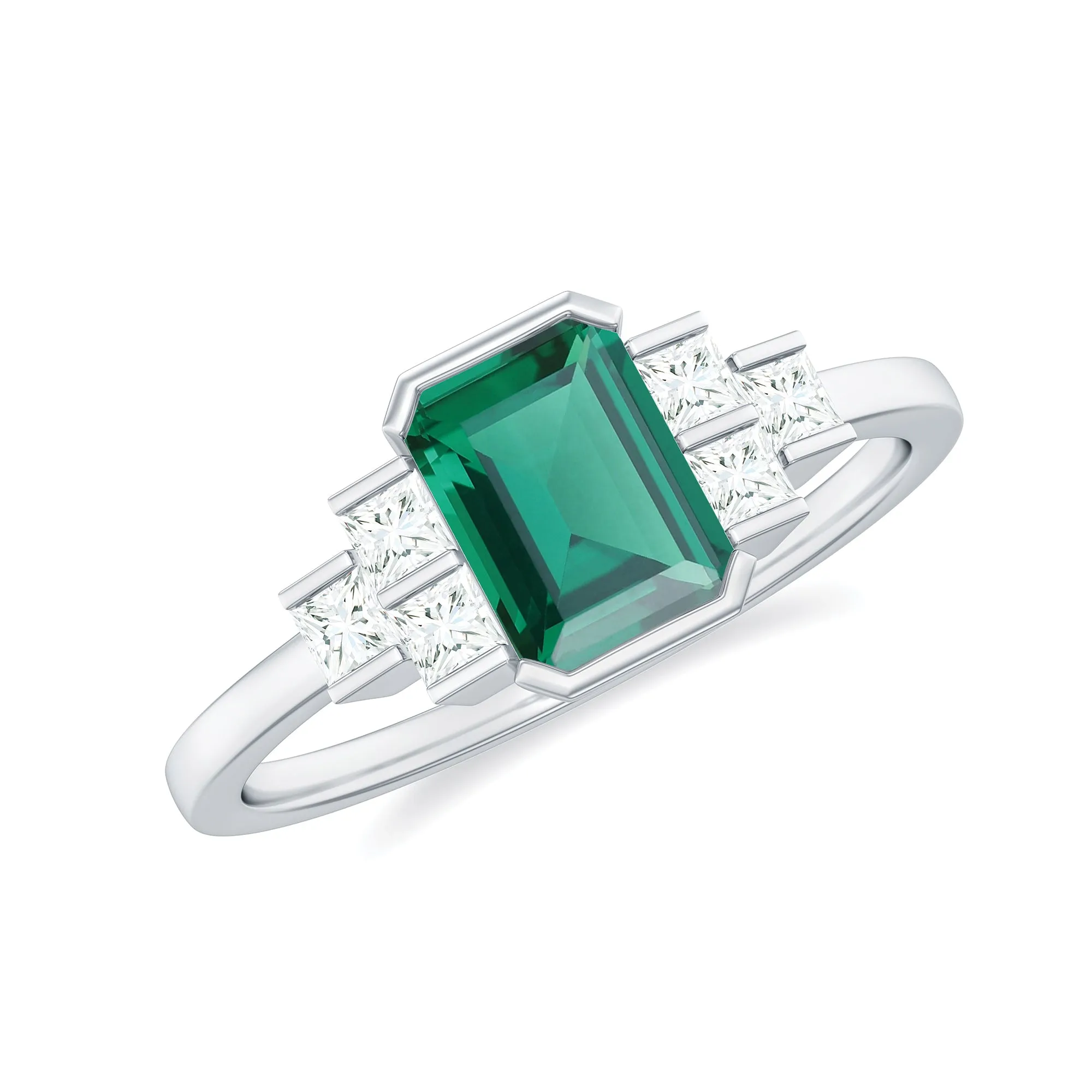 Half Bezel Set Lab Grown Emerald and Diamond Engagement Ring