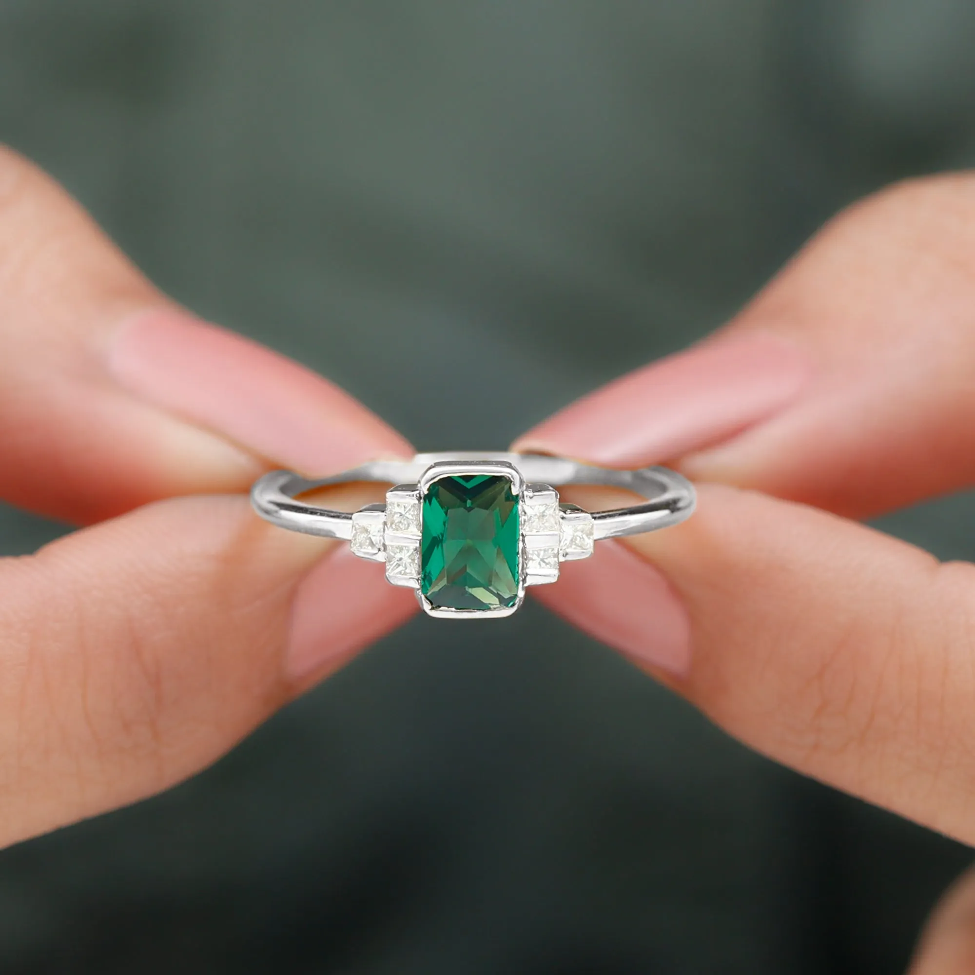 Half Bezel Set Lab Grown Emerald and Diamond Engagement Ring