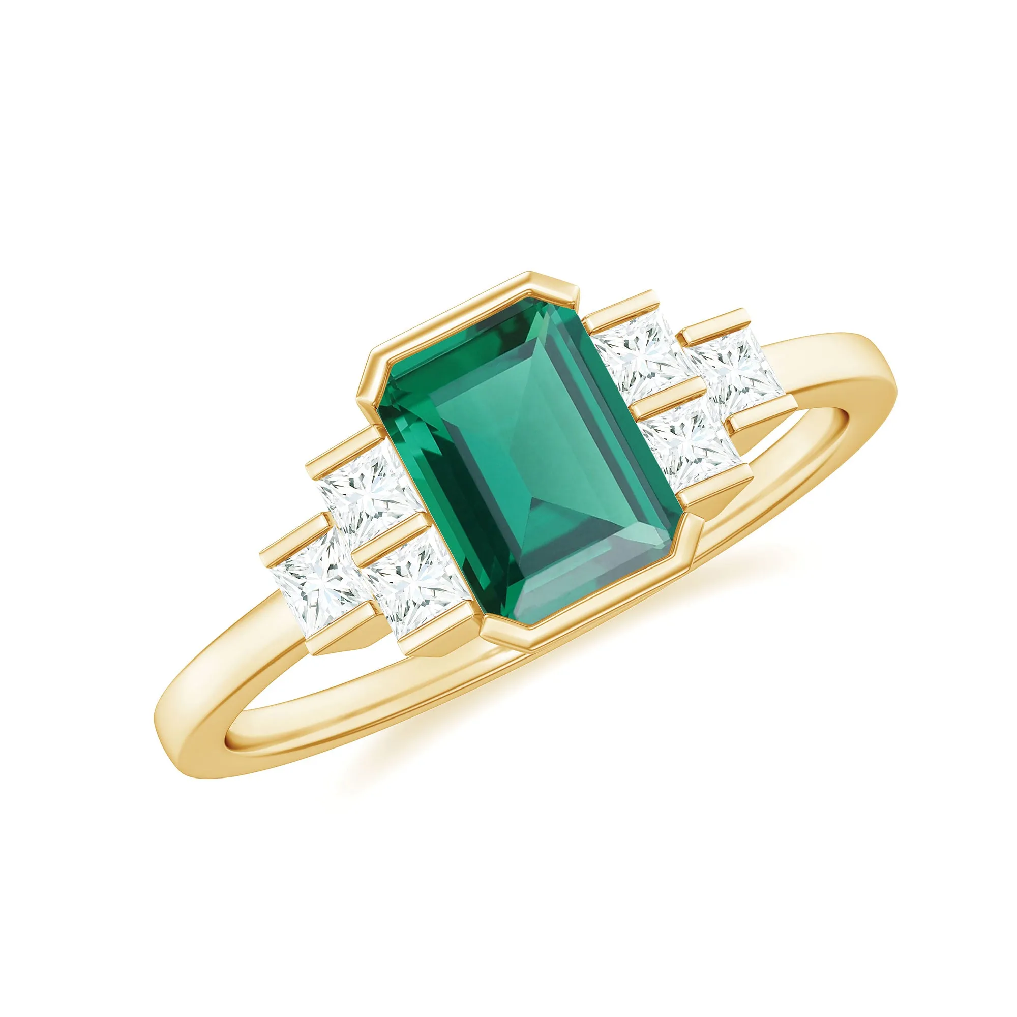 Half Bezel Set Lab Grown Emerald and Diamond Engagement Ring