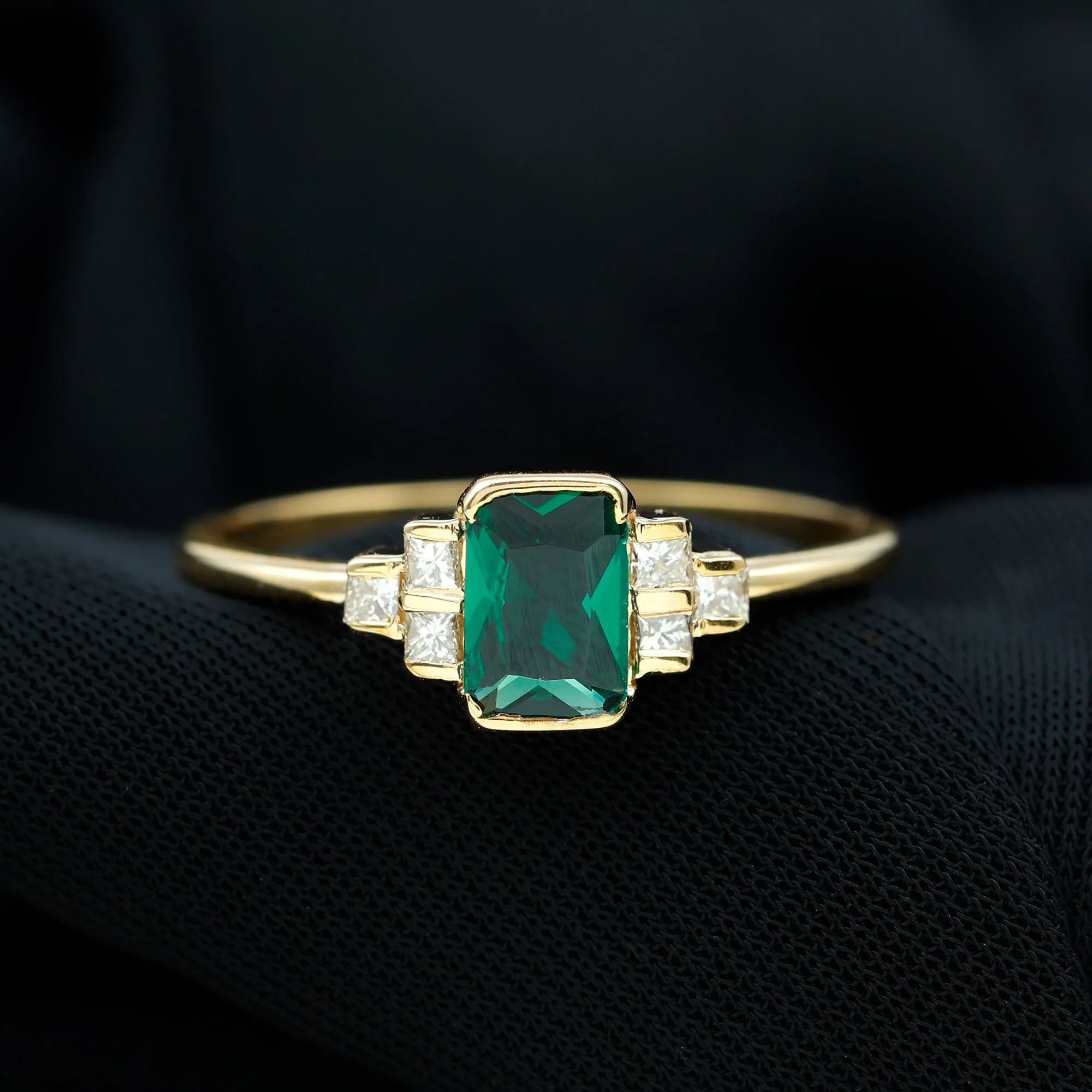 Half Bezel Set Lab Grown Emerald and Diamond Engagement Ring