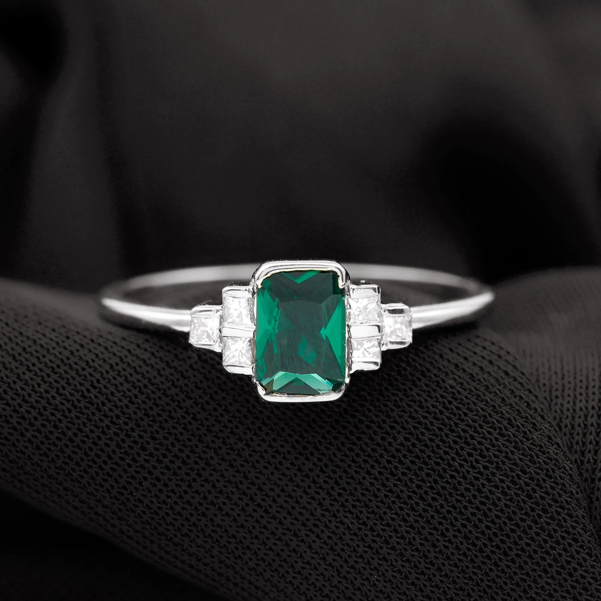 Half Bezel Set Lab Grown Emerald and Diamond Engagement Ring