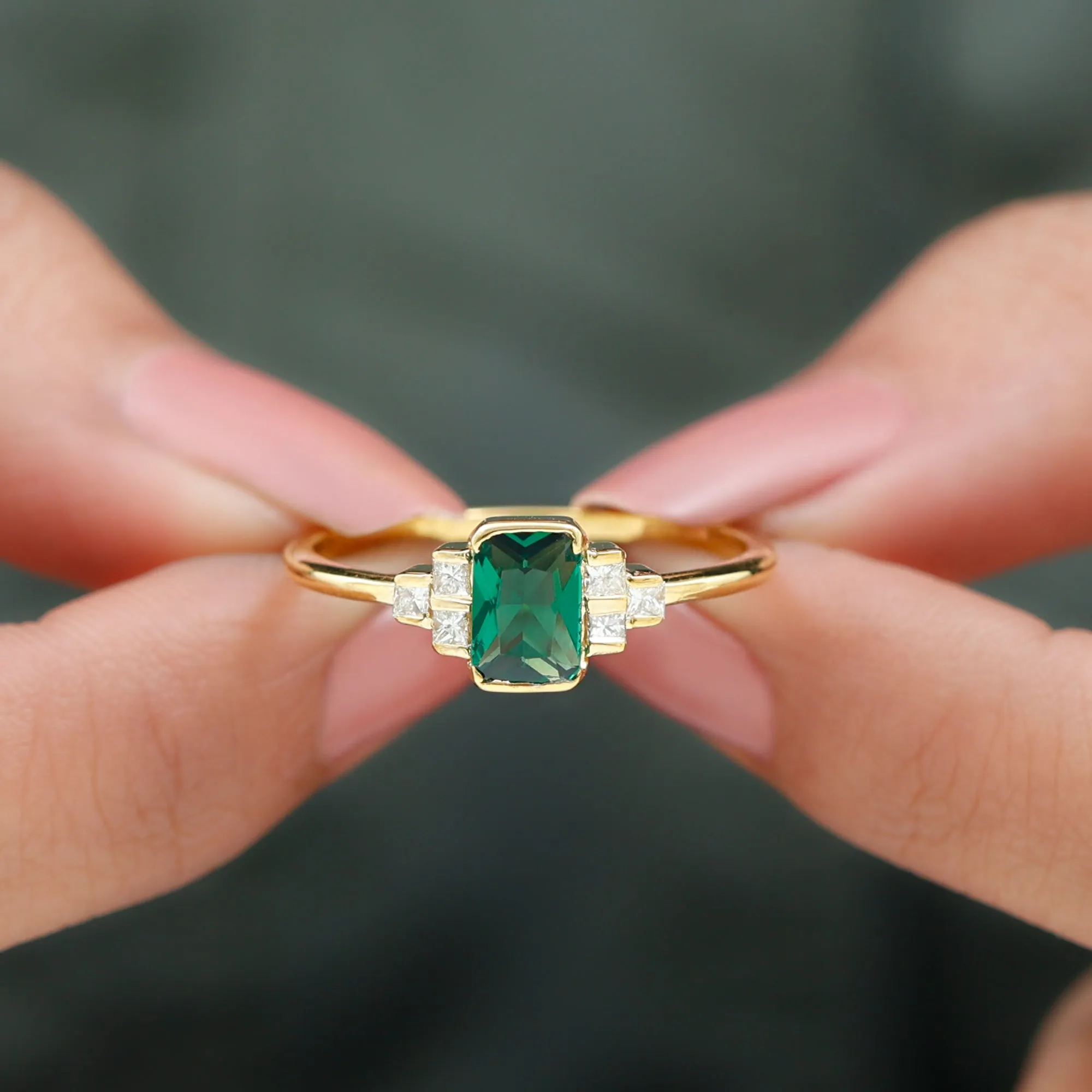 Half Bezel Set Lab Grown Emerald and Diamond Engagement Ring