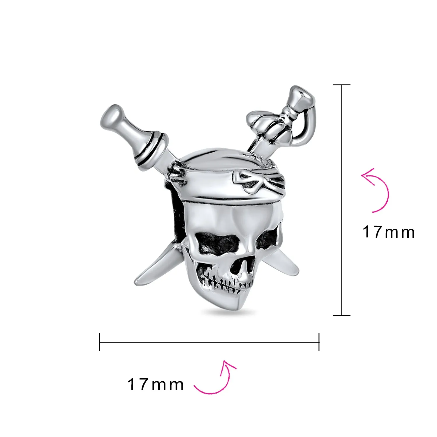 Halloween Pirate Skull & Cross Swords Charm Bead Sterling Silver for European Bracelet