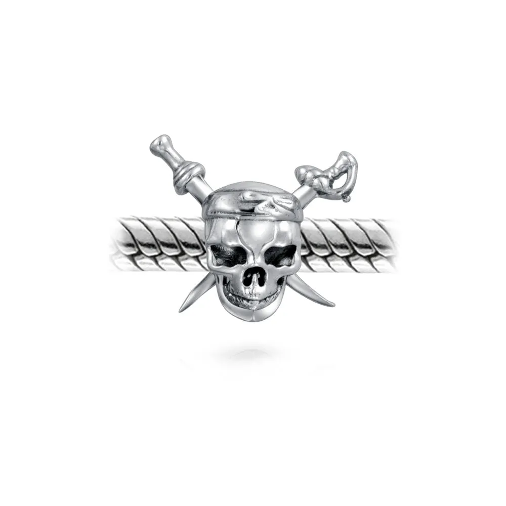 Halloween Pirate Skull & Cross Swords Charm Bead Sterling Silver for European Bracelet