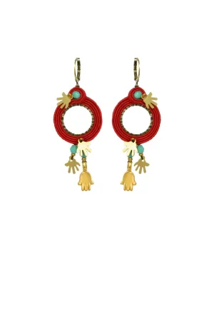 Hamsa Red String Hoop Earrings, Golden Hands