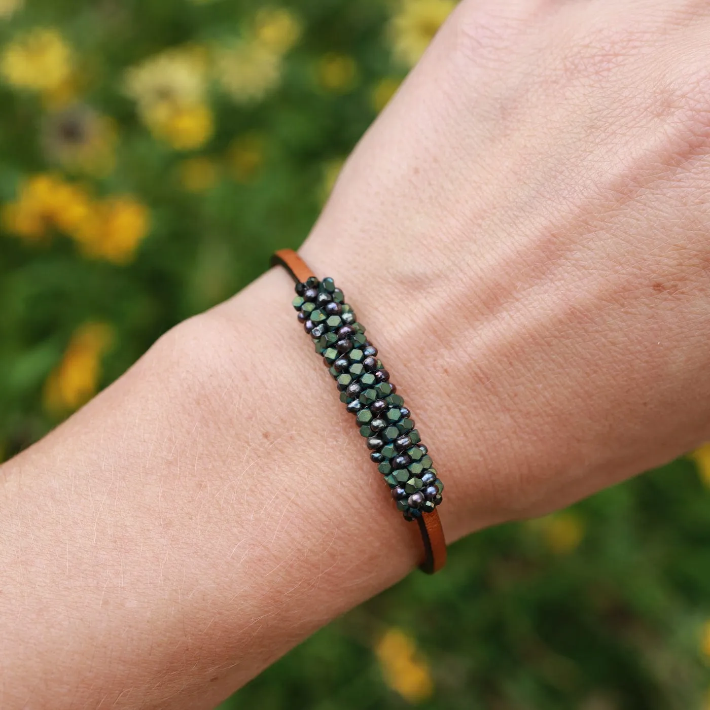 Hand Stitched Matte Green Hematite and Lavender Pearl Bracelet