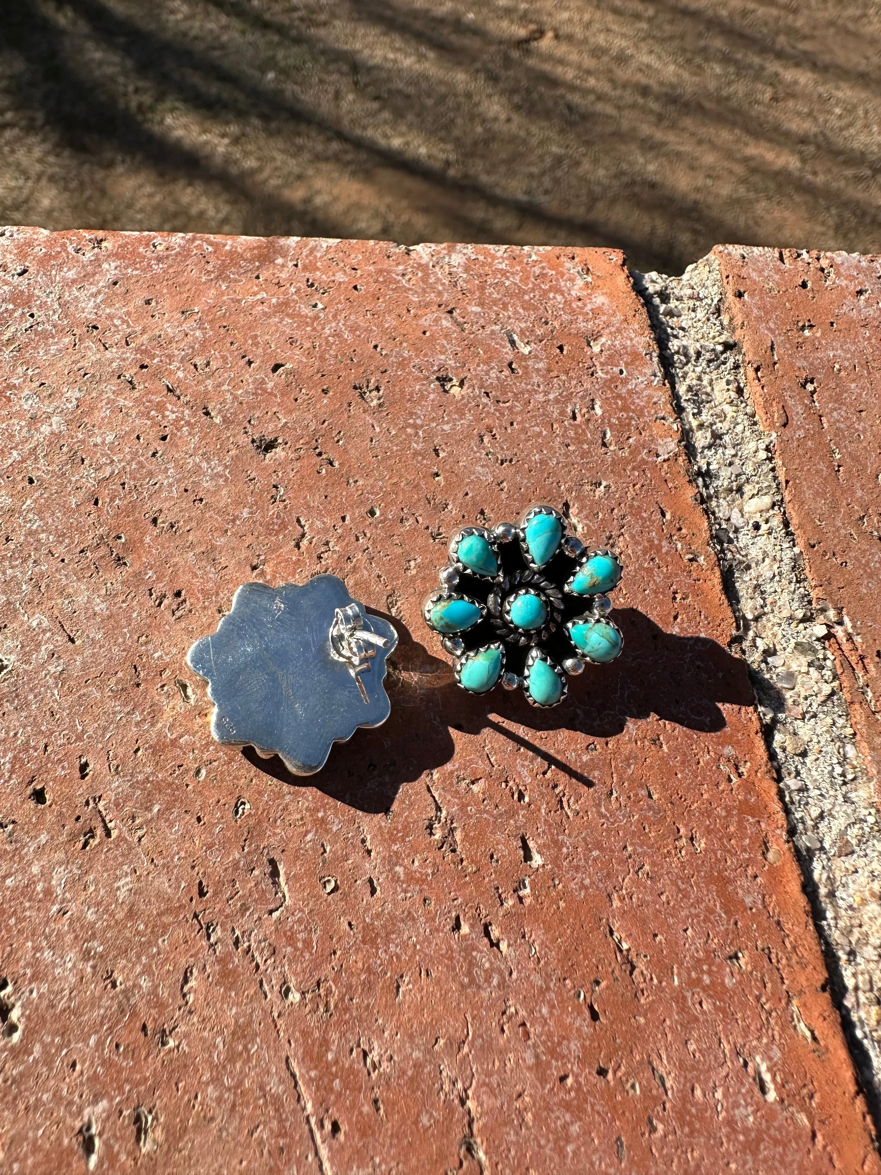 Handmade Flower Cluster Sterling Silver & Turquoise Post Earrings Signed Nizhoni