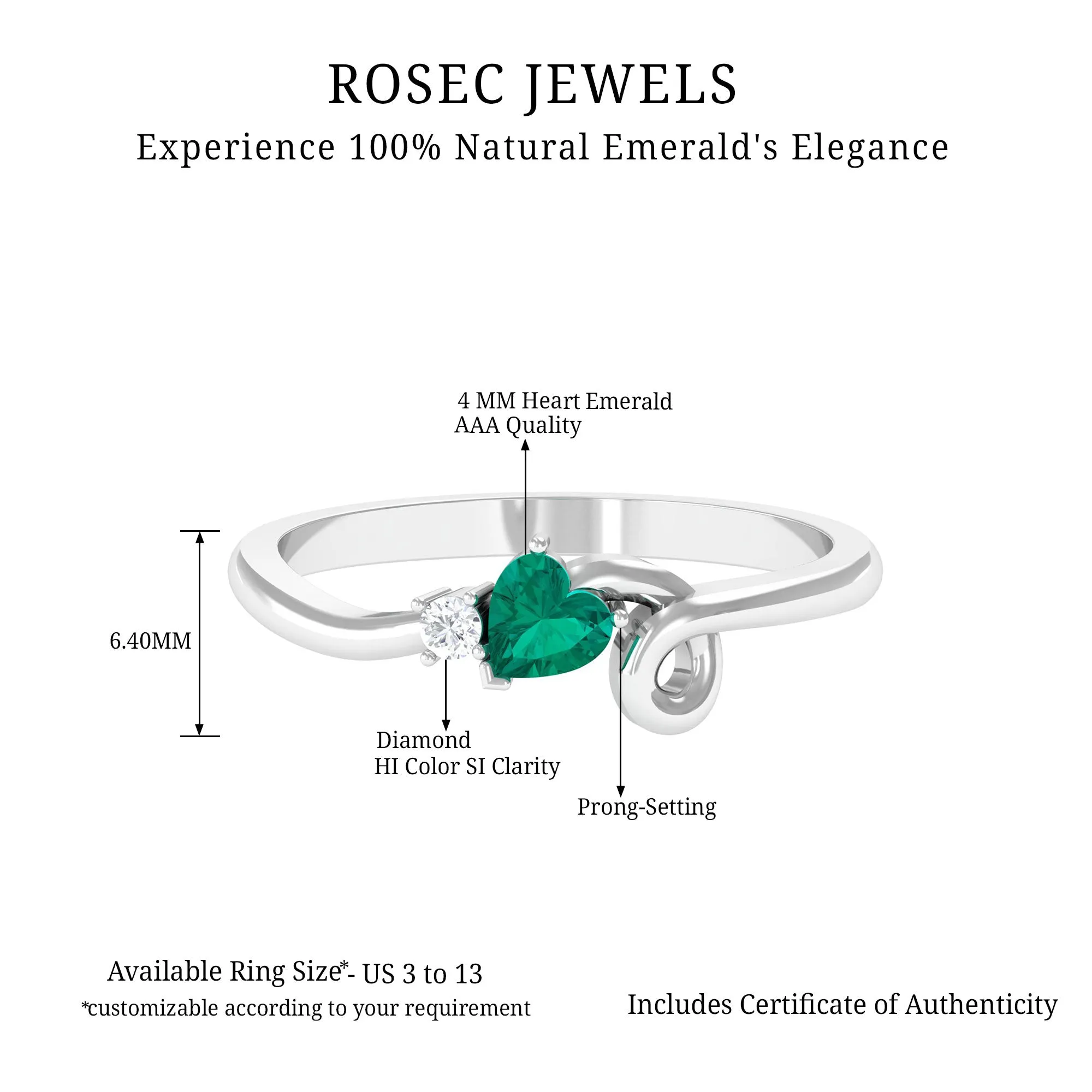 Heart Shape Emerald and Diamond Twisted Promise Ring for Her