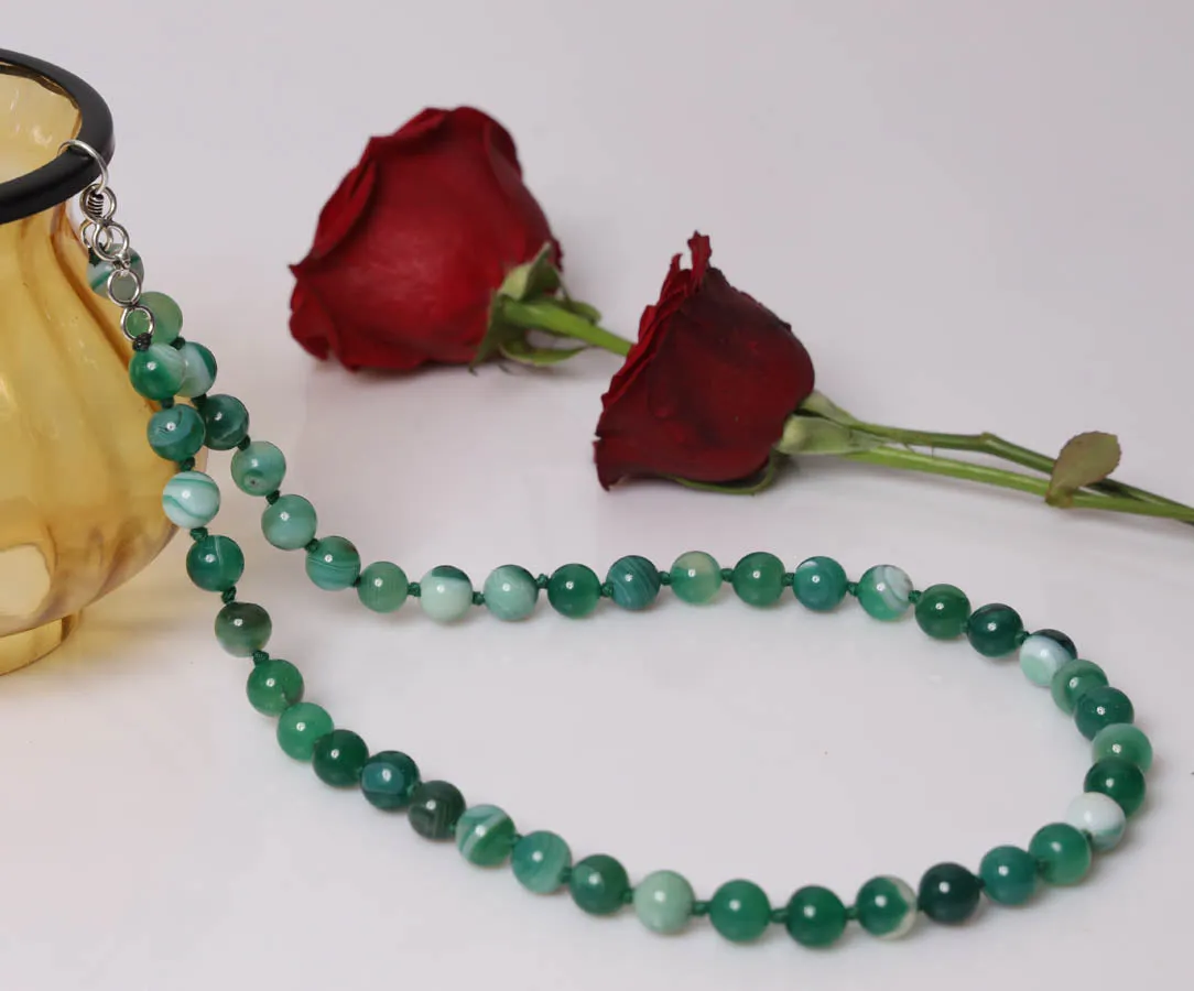 Imeora Knotted Green 10mm Agate Necklace With 8mm Earrings