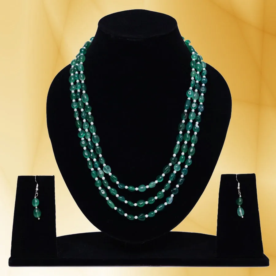 Imeora Tripple Line Dark Green Agate Necklace Set With 4mm Beads and Earrings