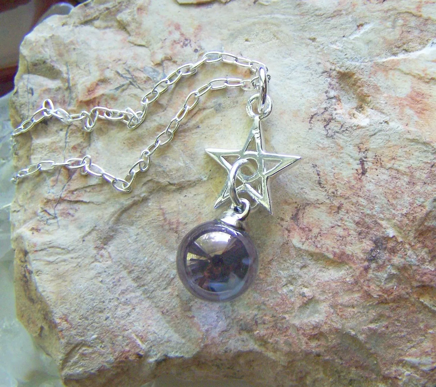 Indigo Aura Quartz Crystal Ball Silver Star Pendant Necklace