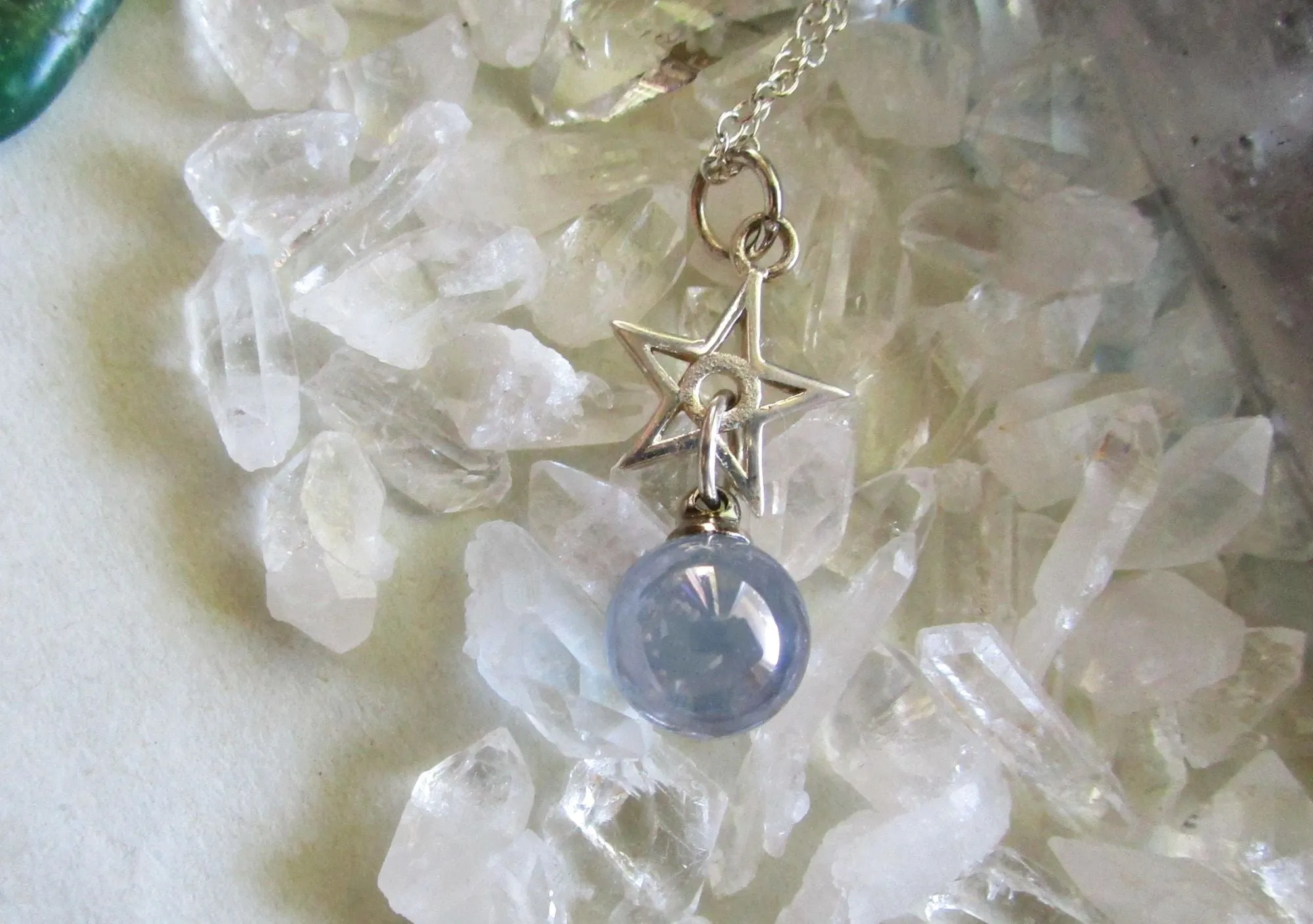 Indigo Aura Quartz Crystal Ball Silver Star Pendant Necklace