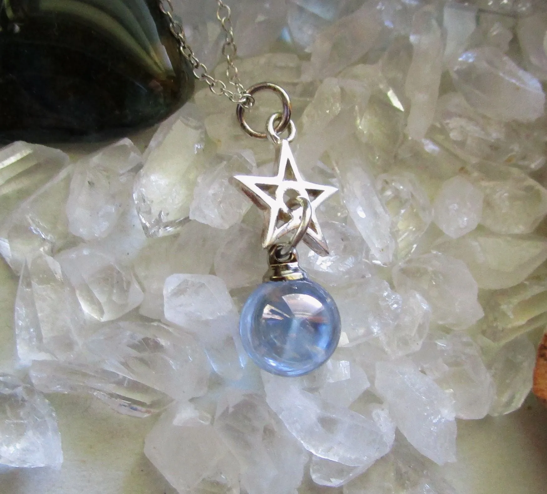 Indigo Aura Quartz Crystal Ball Silver Star Pendant Necklace