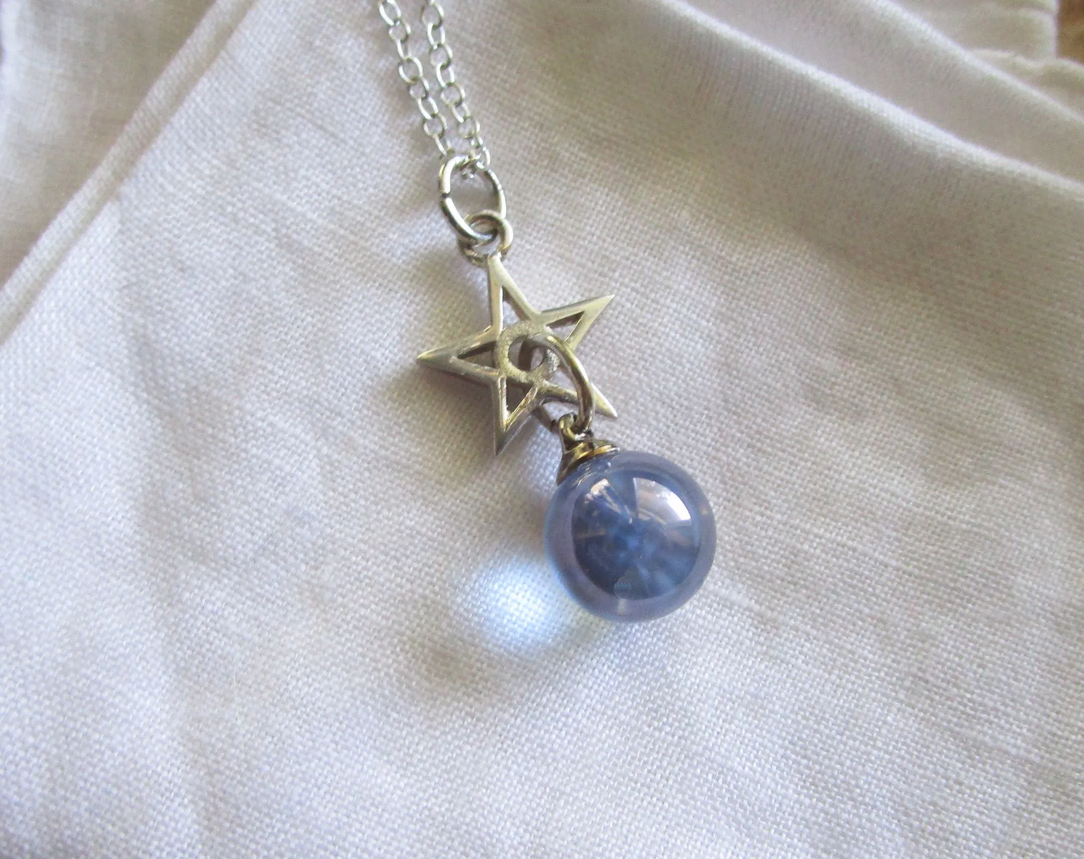 Indigo Aura Quartz Crystal Ball Silver Star Pendant Necklace