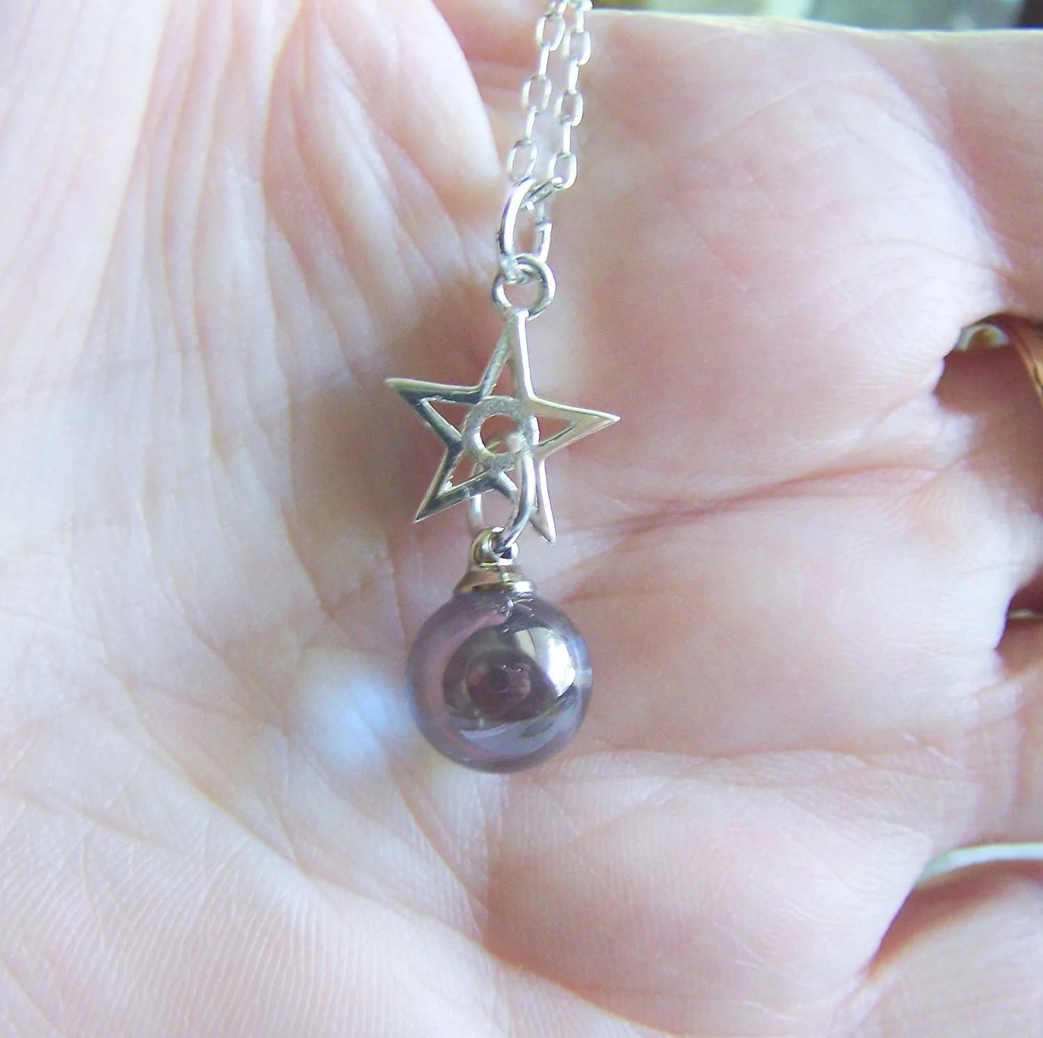 Indigo Aura Quartz Crystal Ball Silver Star Pendant Necklace