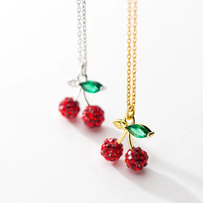 Inlaid Zircon Cherry Necklace Temperament Wild Red Cherry Clavicle Chain