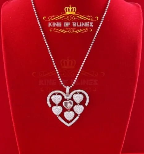 King Of Bling's Many White Hearts Sterling Silver Floating Pendant Iced Out with Cubic Zirconia