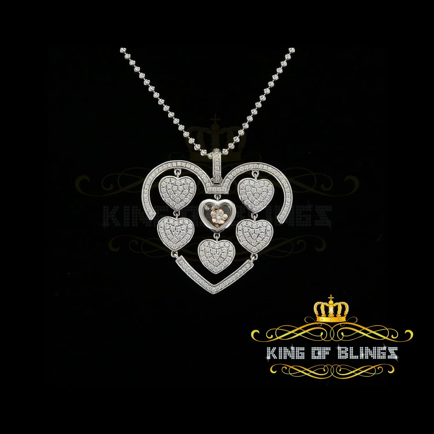 King Of Bling's Many White Hearts Sterling Silver Floating Pendant Iced Out with Cubic Zirconia