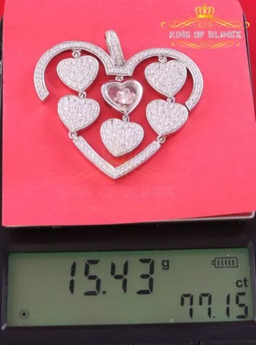 King Of Bling's Many White Hearts Sterling Silver Floating Pendant Iced Out with Cubic Zirconia