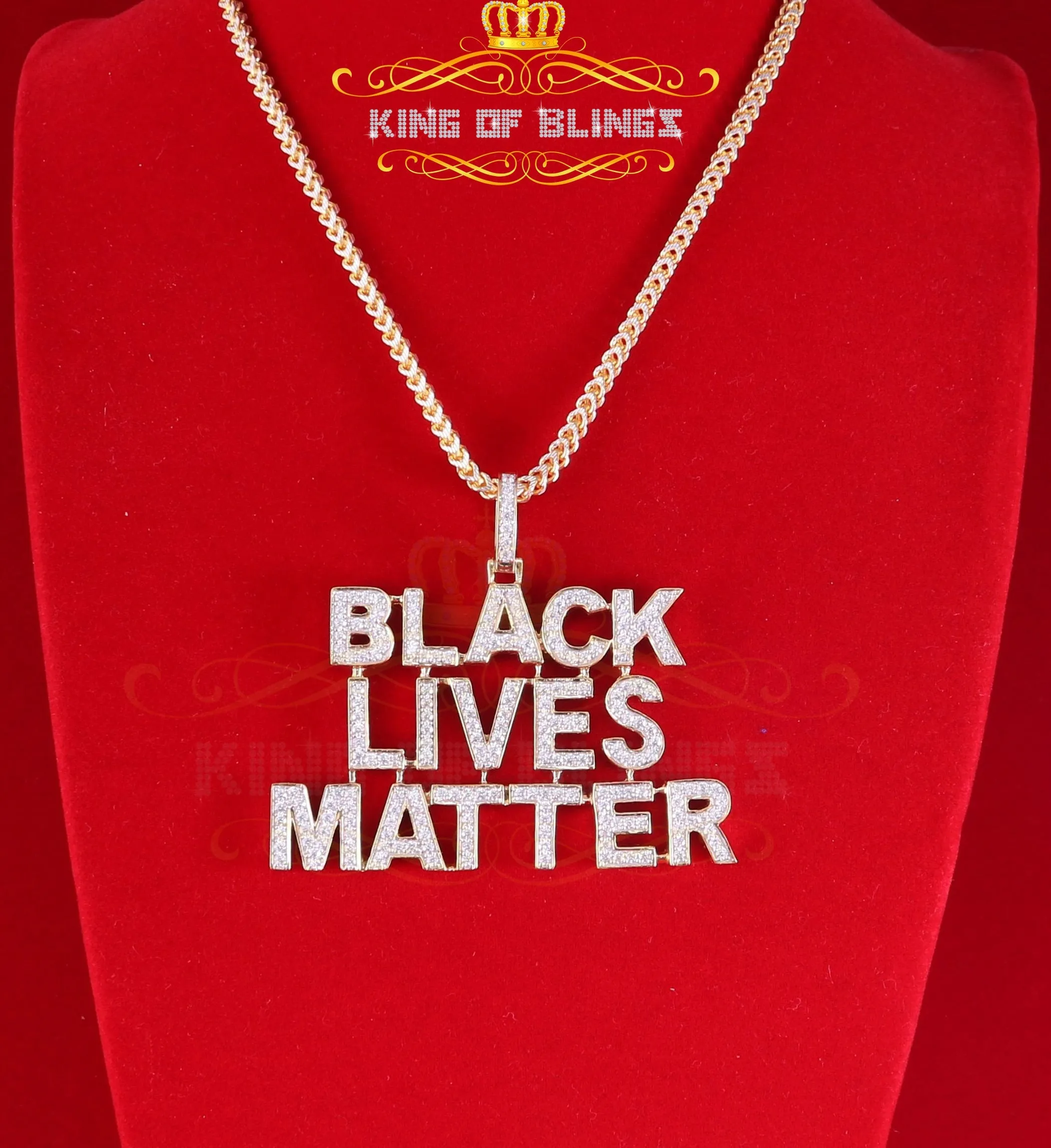 King Of Bling's Yellow Sterling Silver BLACK LIVES MATTER Sign Pendant 6.37ct Cubic Zirconia