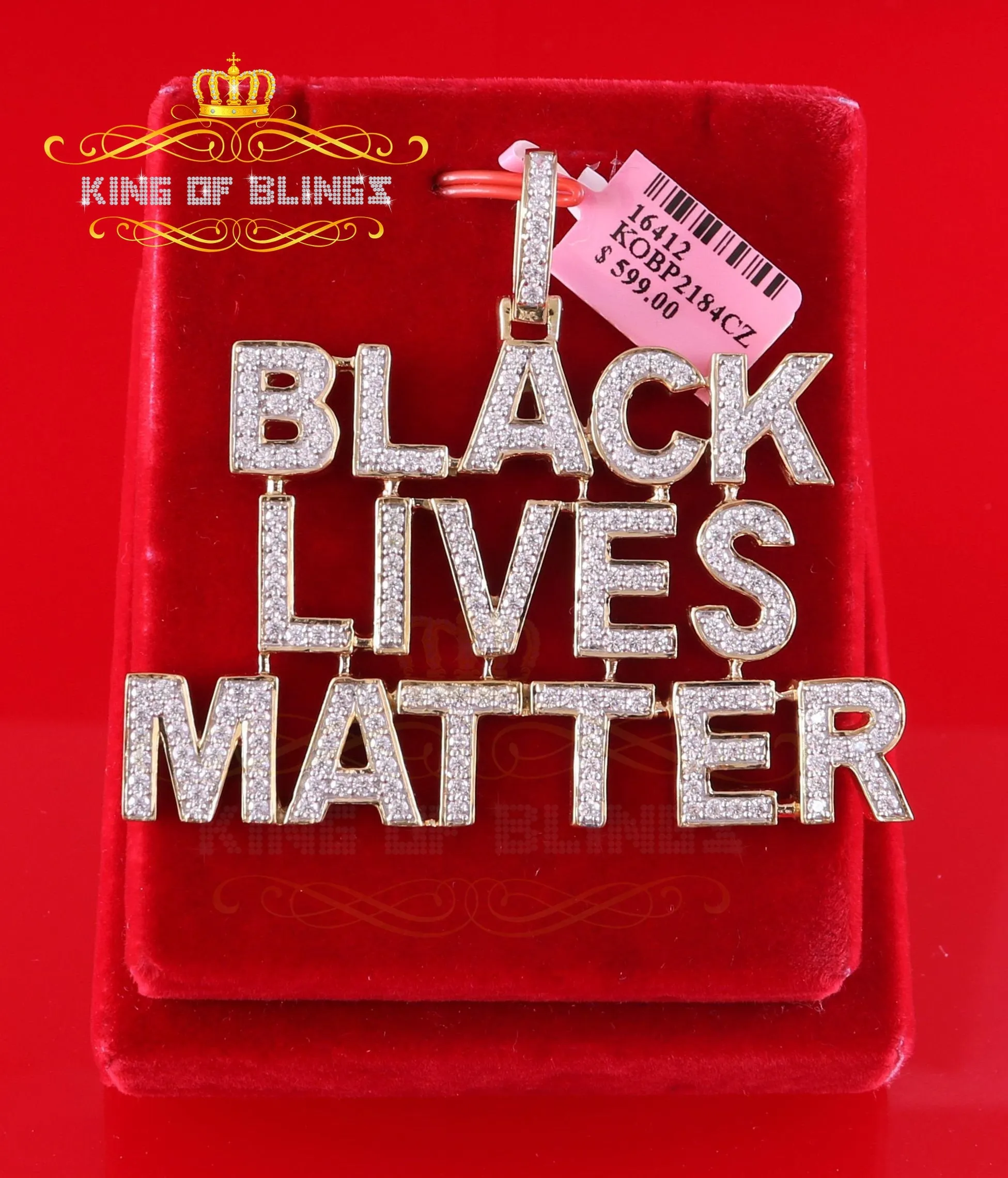 King Of Bling's Yellow Sterling Silver BLACK LIVES MATTER Sign Pendant 6.37ct Cubic Zirconia