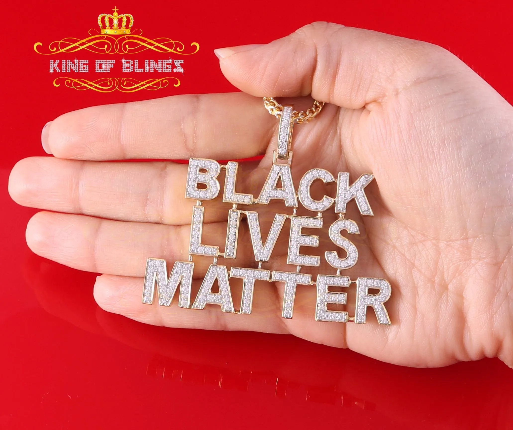 King Of Bling's Yellow Sterling Silver BLACK LIVES MATTER Sign Pendant 6.37ct Cubic Zirconia