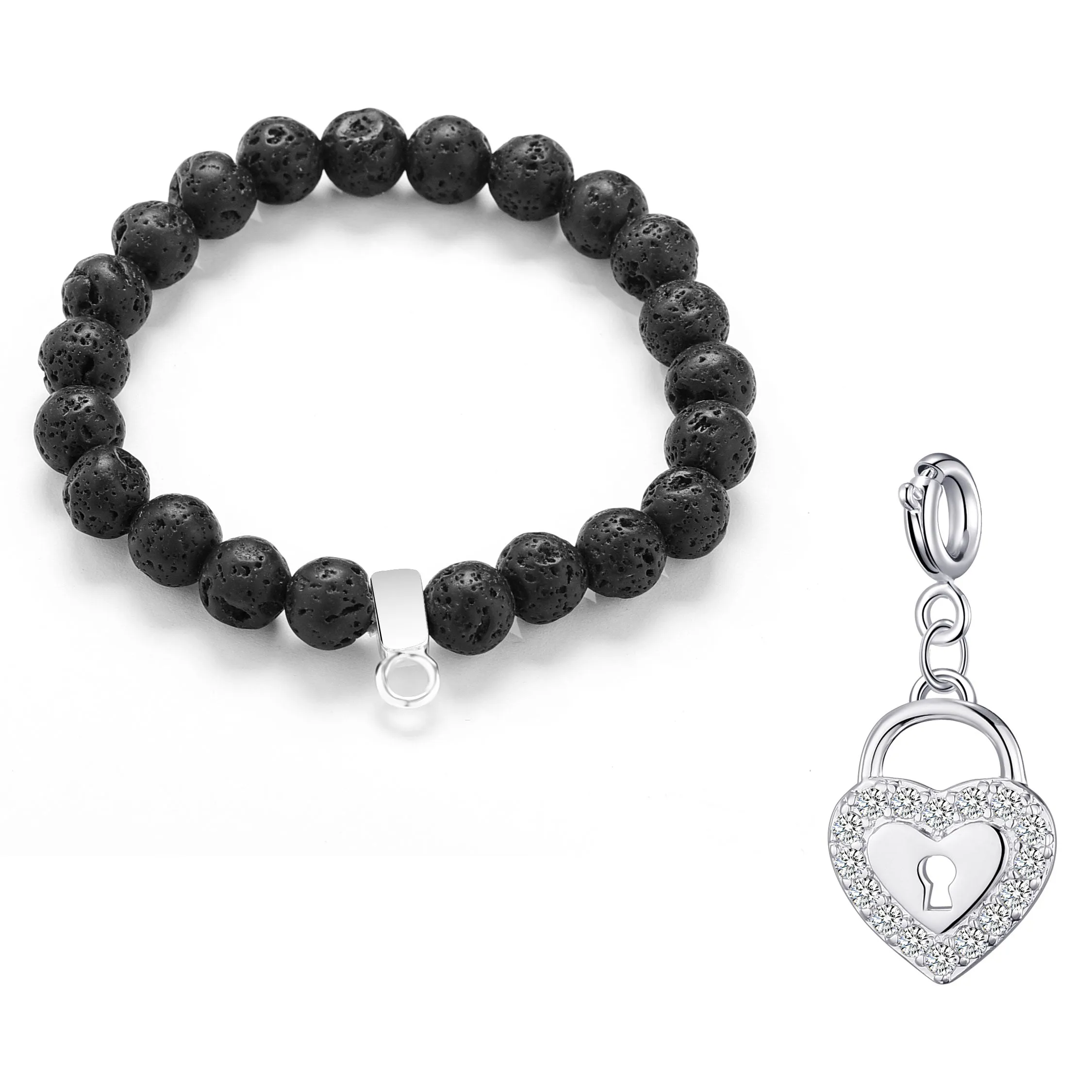 Lava Rock Gemstone Stretch Bracelet with Charm Created with Zircondia® Crystals