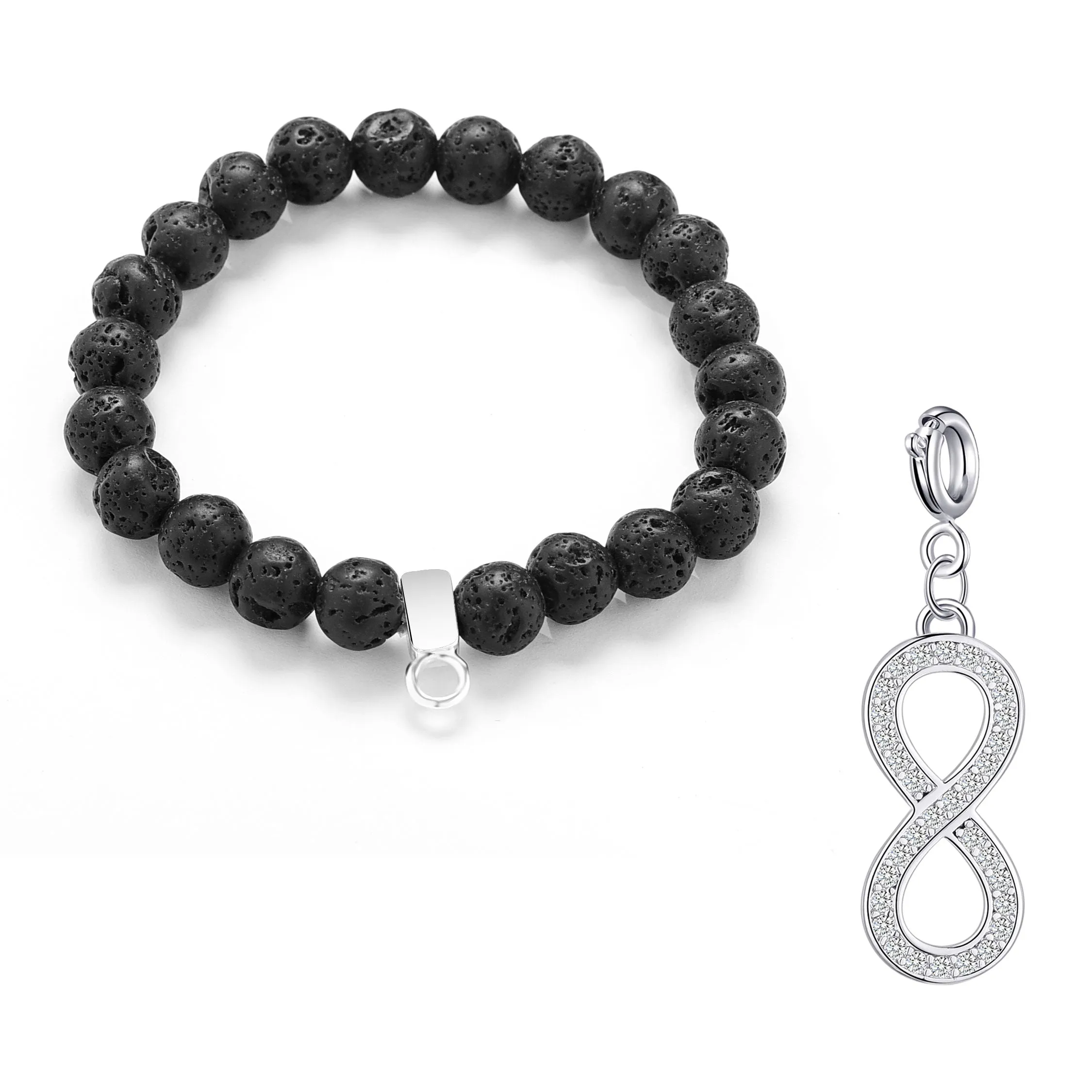 Lava Rock Gemstone Stretch Bracelet with Charm Created with Zircondia® Crystals