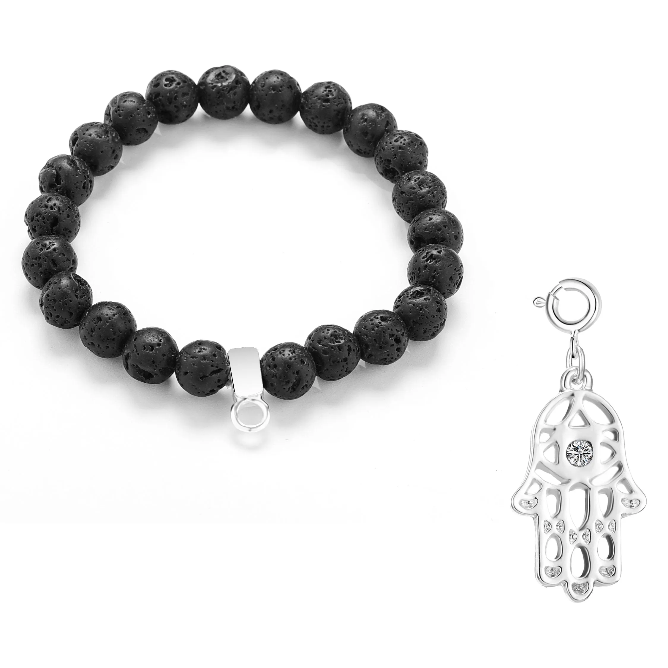 Lava Rock Gemstone Stretch Bracelet with Charm Created with Zircondia® Crystals