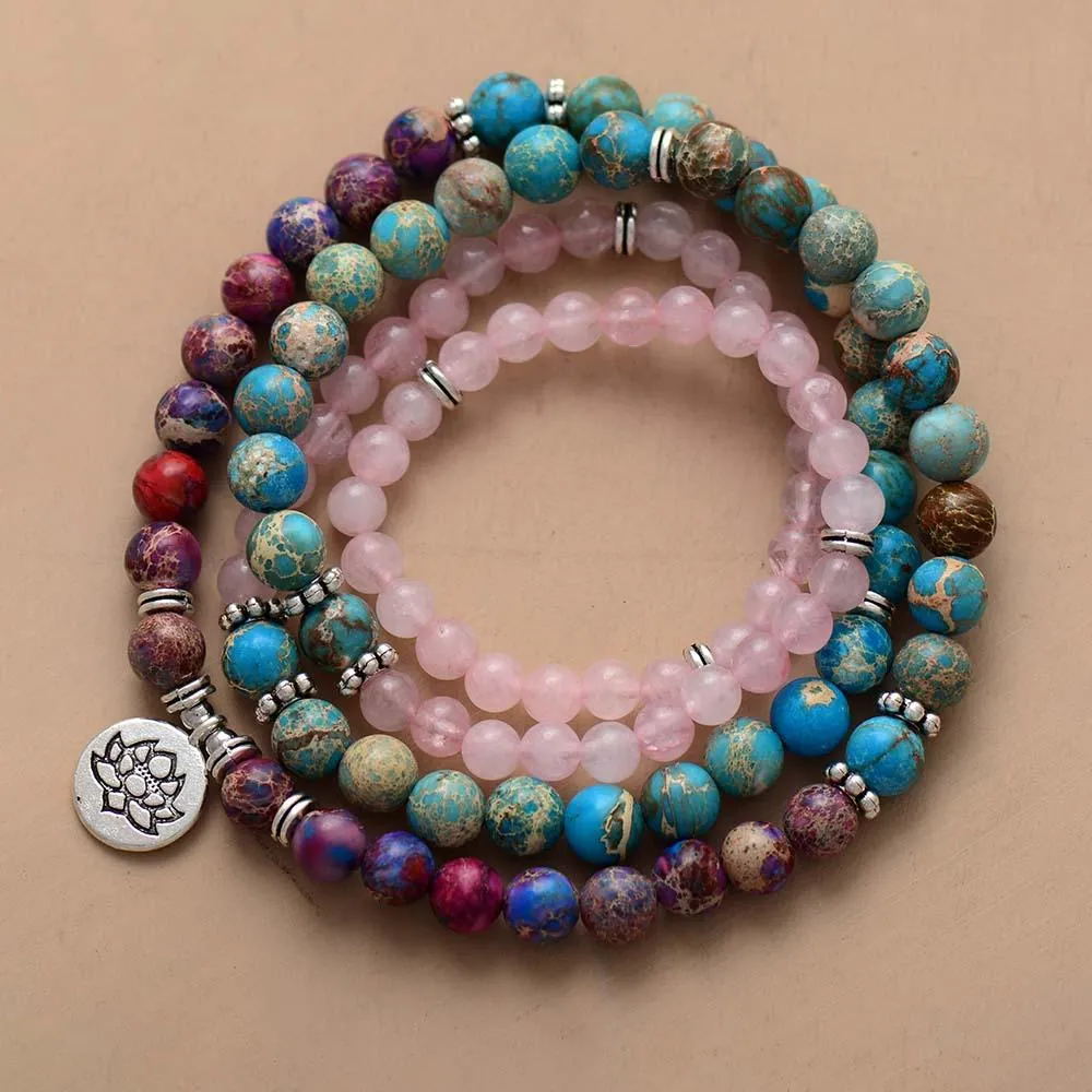 'Lotus Charm' Jasper & Rose Quartz 108 Mala Beads